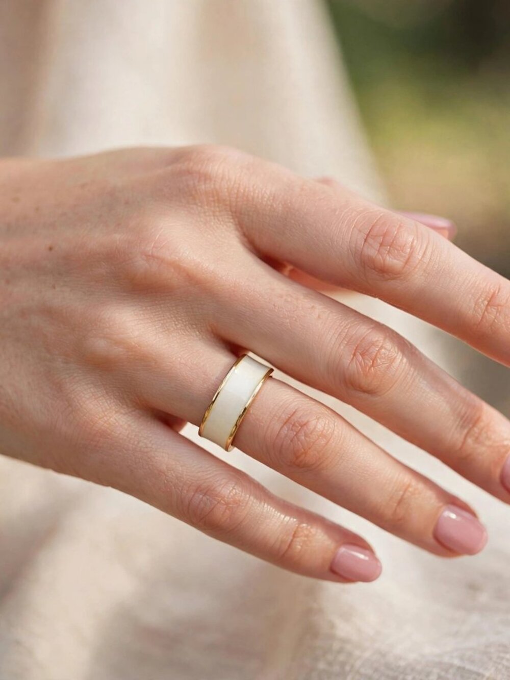 White Enamel Open Band Ring with Gold Trim